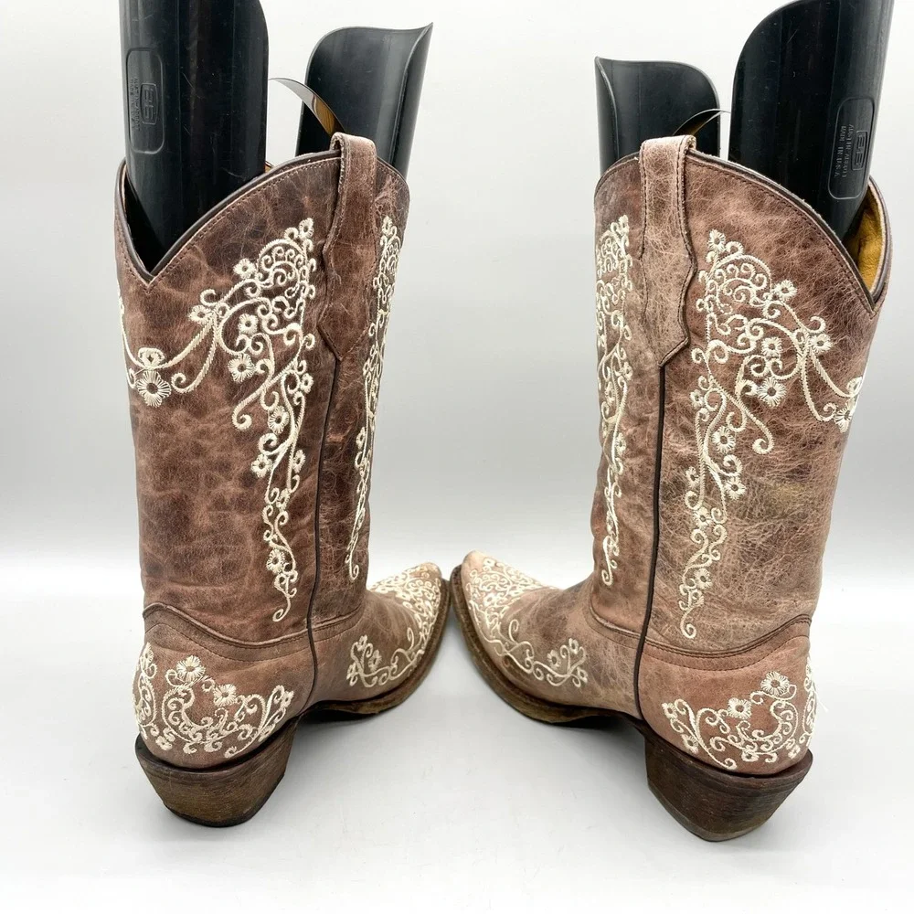 Corral Teens Size 6 Bone Floral Western Cowboy Boots Brown Leather Rustic Rodeo